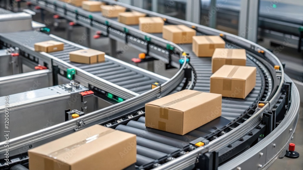 Aufkleber Closeup of interconnected conveyor belts with automated sorting systems focusing on the advanced technology used for efficient package handling.