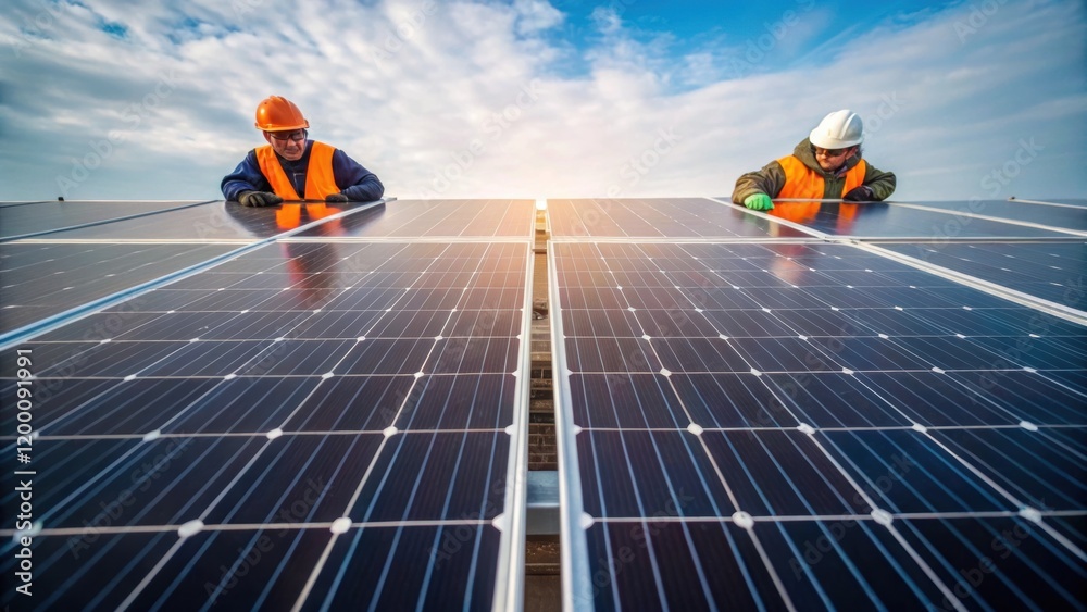 Poster closeup of solar panel arrays being mounted on a frame showcasing the shiny dark panels contrasted a