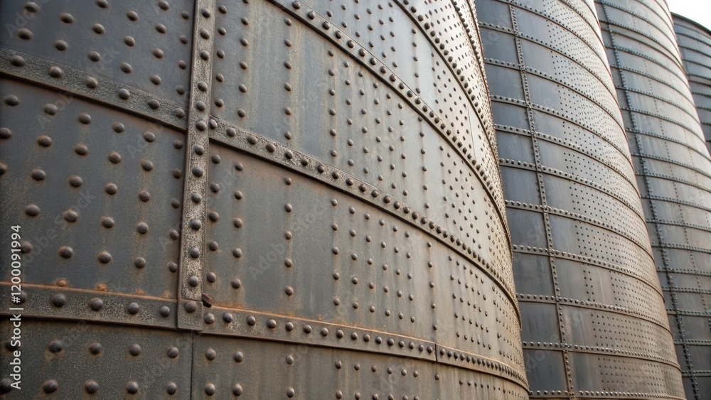 Poster Closeup of textured steel grain bin walls showing the intricate patterns and rivets that contribute to structural integrity.