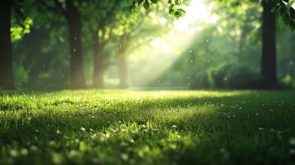 Fototapeta premium Sunlight streams through leaves onto lush green grass.