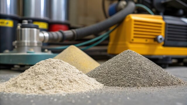 Closeup of sandblasting abrasive material piled beside the equipment with various sizes of grit visibly differing in texture and color ready for use.