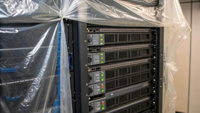 Closeup of protective coverings for sensitive components like servers and electrical installations being meticulously installed to prepare for the buildout phase.
