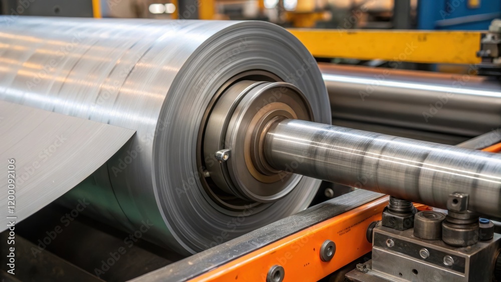 Poster Closeup of the edge of a steel coil being fed into a processing machine showing details of the machinerys rollers and guide mechanisms.