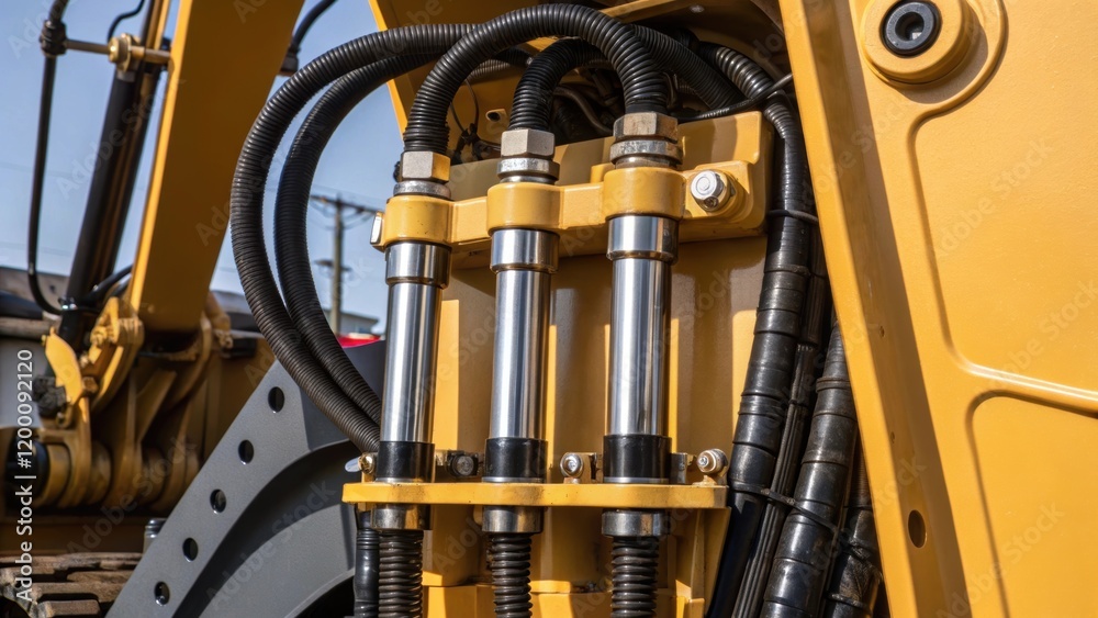 Aufkleber closeup of the excavators hydraulics with hoses and pistons glistening in the light emphasizing the 
