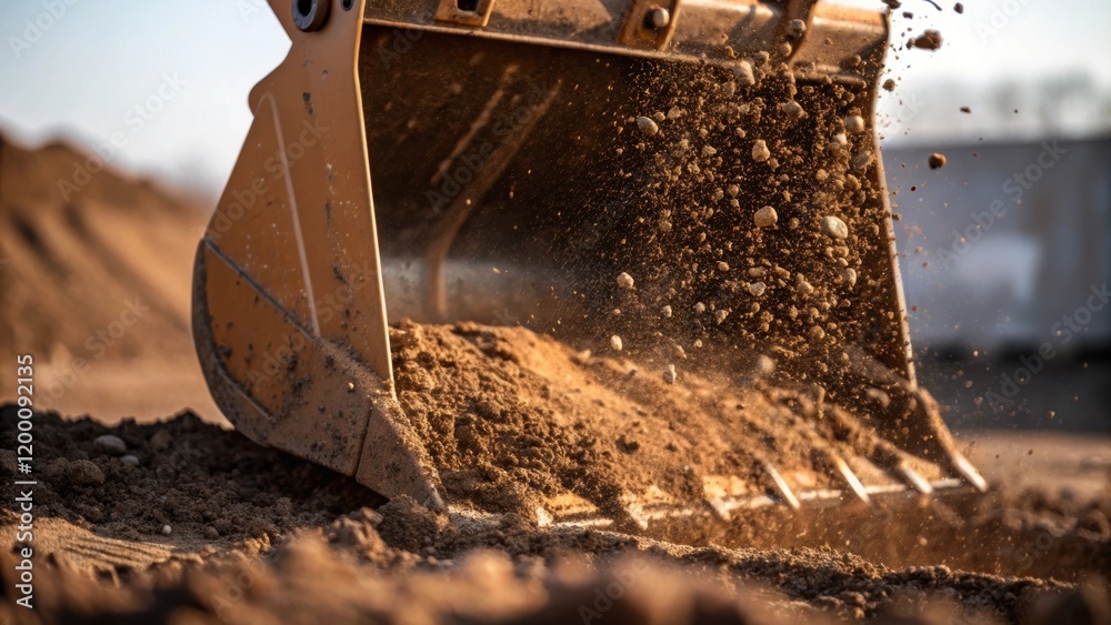 Poster Closeup of the excavators bucket scooping up soil with debris flying above it capturing the dynamic action and dirt in sharp detail.
