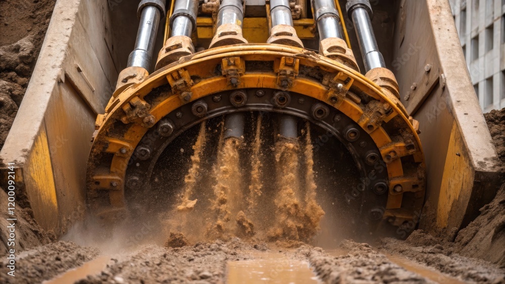 Aufkleber Closeup of the hydraulic arms extending from the tunnel boring machine digging into the earth with mud and dirt flinging off the sides as it progresses.