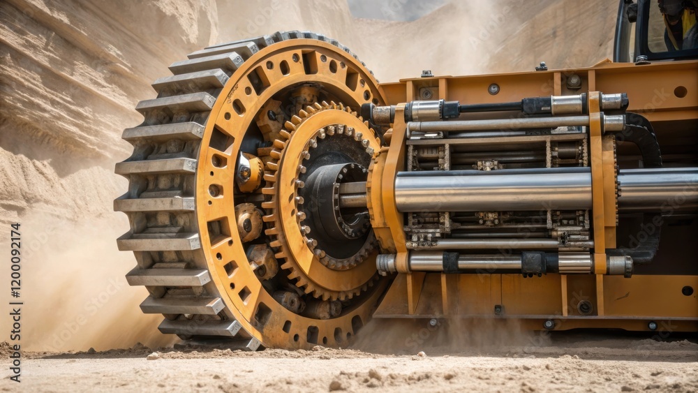 Aufkleber Closeup of the intricate gears and hydraulic systems of a tunnel boring machine showcasing its robust construction and engineering complexity against a backdrop of dusty