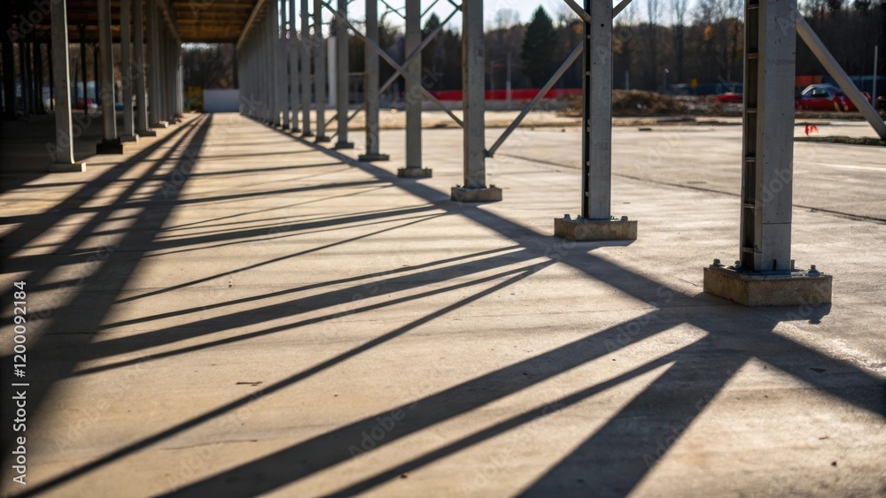 Poster Closeup of the shadows cast by the towering prefabricated supports on the ground offering a stark contrast between light and structure and capturing the scale of the project.