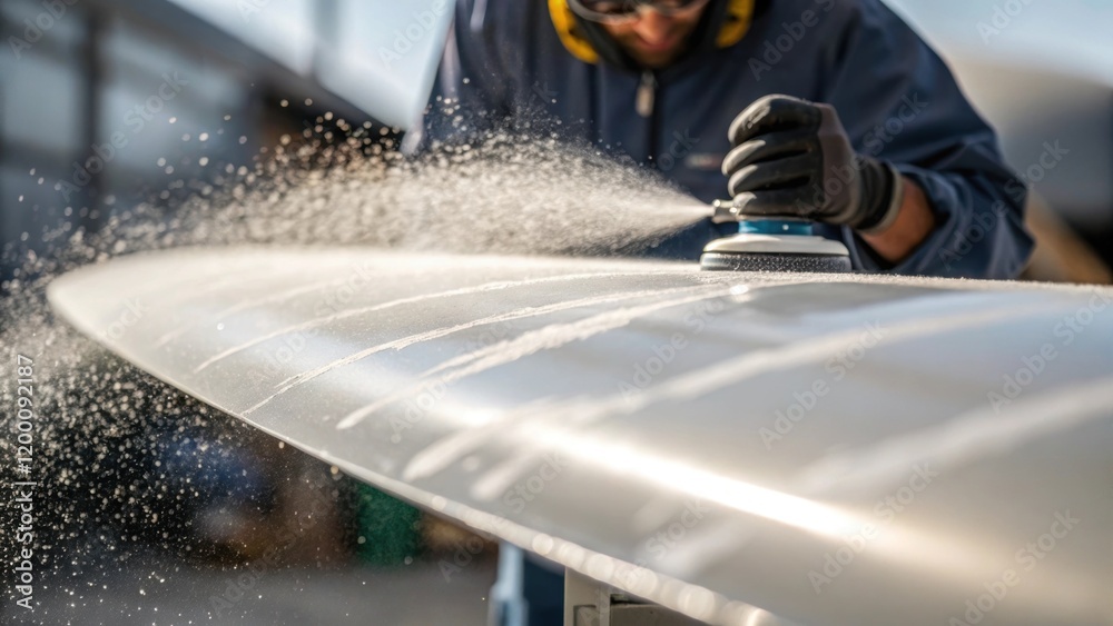 Poster closeup of the sanding process on a wind turbine blade showing fine particles flying as a technician