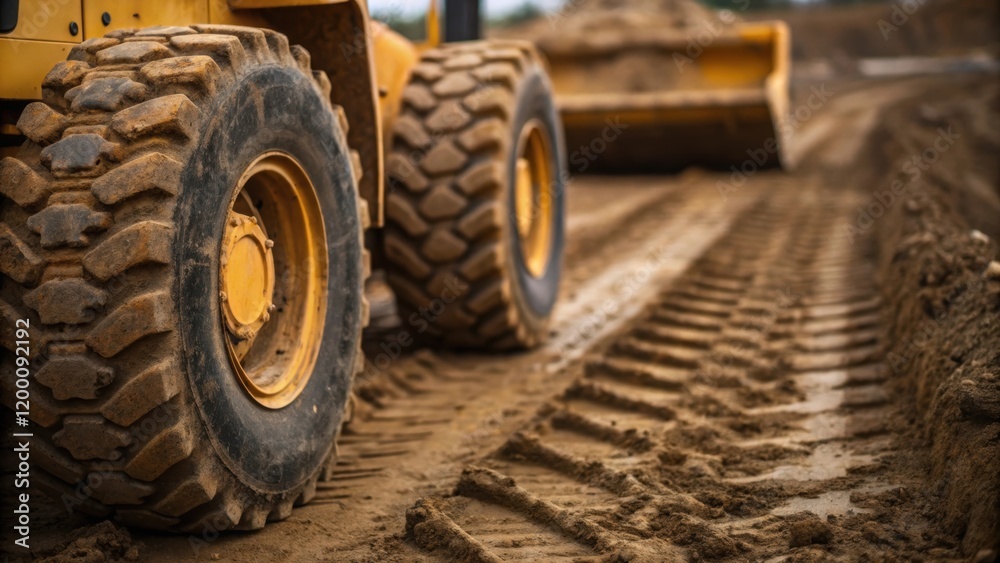 Poster closeup of the rugged wheels of a bulldozer leaving deep tire marks in the moist earth illustrating 
