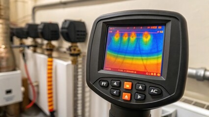 Closeup of thermal imaging equipment scanning the newly installed heating system displaying varying temperature gradients across its surface.
