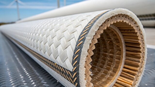 Closeup of the intricate fiberreinforced structure of a wind turbine blade revealing the materials used in modern turbine construction and repair techniques.