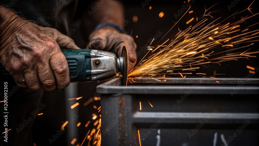 Aufkleber Closeup of weathered hands gripping a handheld power tool focused on ting into the side of a container with sparks flying in a dynamic display of action.