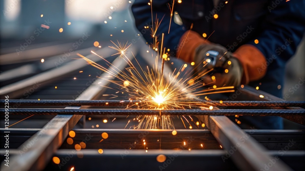 Poster closeup of welding sparks flying as a worker fuses metal components together capturing the intensity