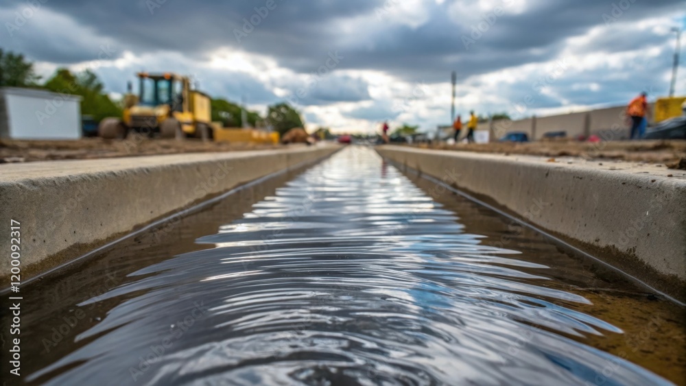 Poster Closeup of water flowing through a temporary drainage system creating ripples that reflect the overcast sky while construction continues at the site.