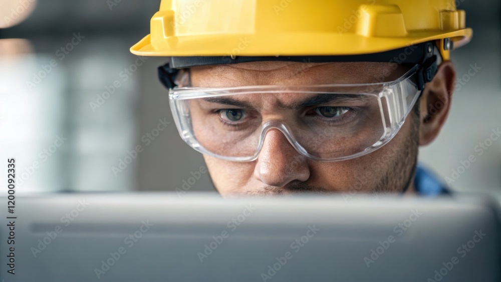 Poster Closeup on an operators face wearing safety goggles and a hard hat intently monitoring a control screen reflecting the focus on safety and efficiency.