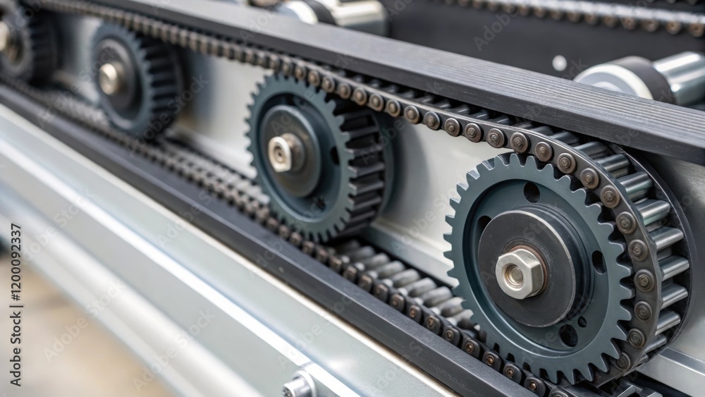Aufkleber closeup on a conveyor system with smooth rubber belts highlighting the intricate gearing and motor c
