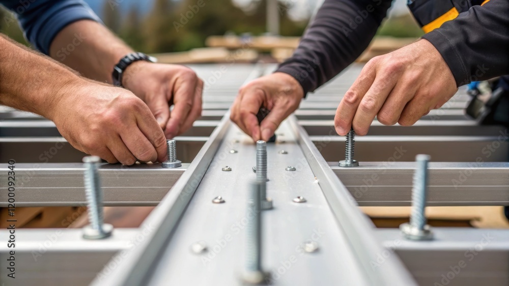 Aufkleber Closeup of workers hands assembling premade panels together with screws showcasing the efficiency of prefabrication and teamwork in building the structure.