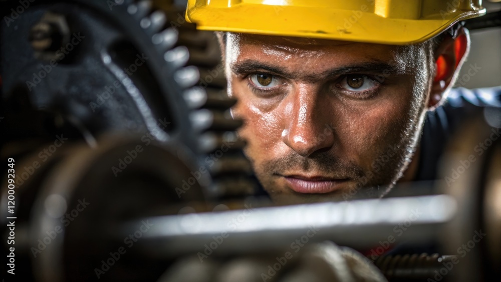 Fototapete Closeup of Workers Expression A focused expression on a workers face as they tune a complicated mechanism revealing their dedication to the task at hand.