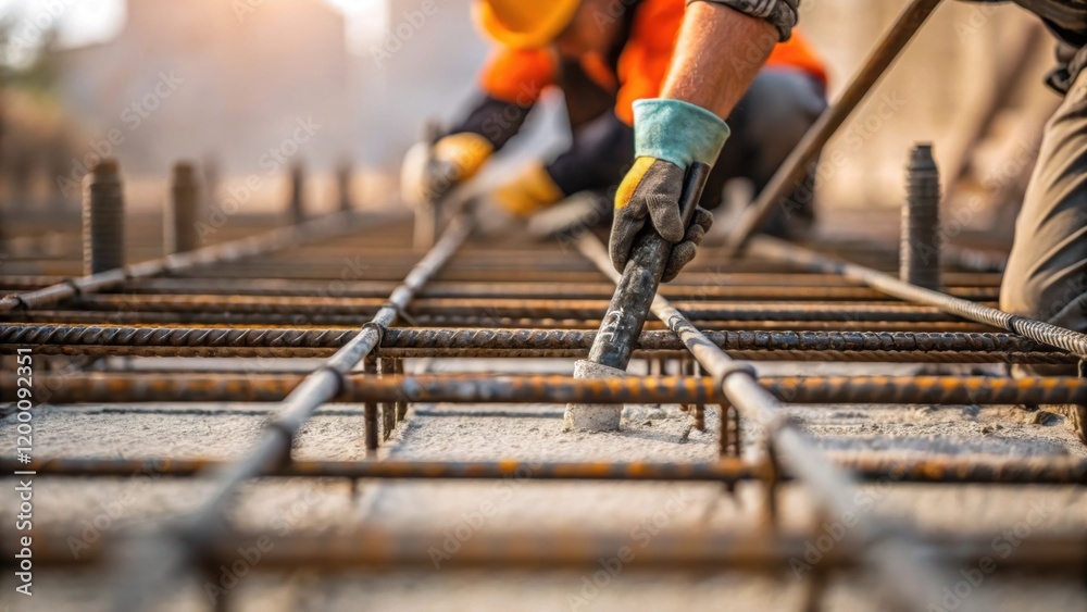 Aufkleber Closeup of workers pouring concrete into rebar forms their hands skillfully maneuvering tools to ensure precision in the structures foundation.
