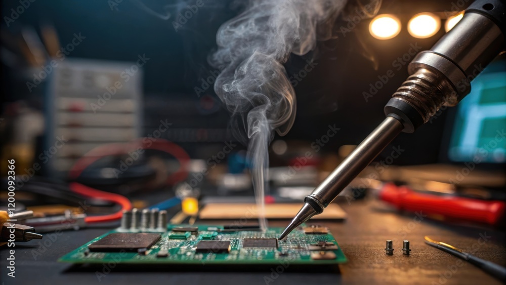 Poster closeup on a soldering iron melting solder onto circuit connections with smoke rising in a welllit c