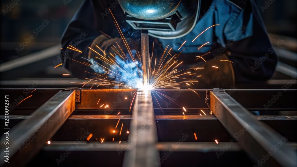 Poster closeup on a welding torch emitting bright sparks as a technician expertly fuses the metal component