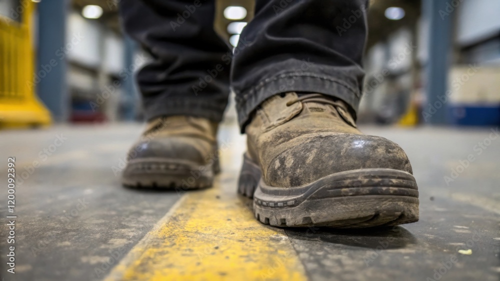 Poster closeup on a workers footwear as they stand on a factory floor highlighting scuff marks that tell a 