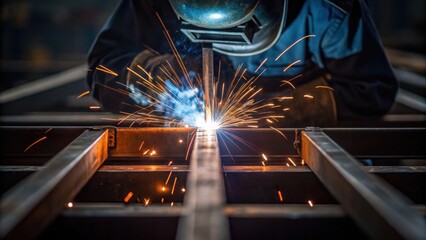 Closeup on a welding torch emitting bright sparks as a technician expertly fuses the metal components together highlighting the intensity and skill of manual labor.