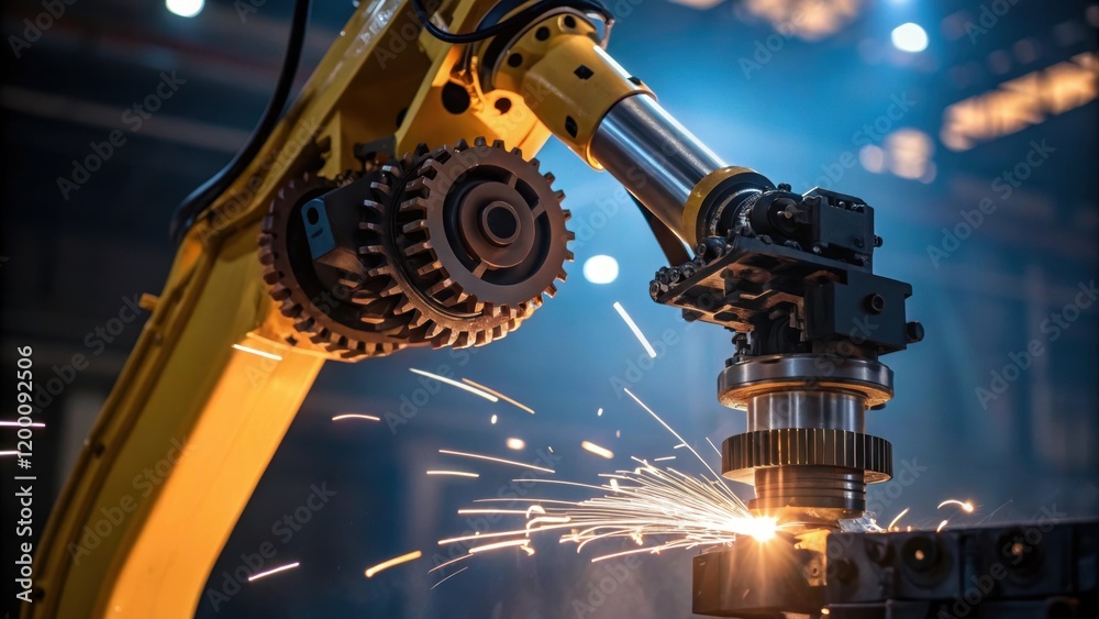Fototapete closeup view of the mechanical joints of a robotic arm in motion depicted with gears and servos illu