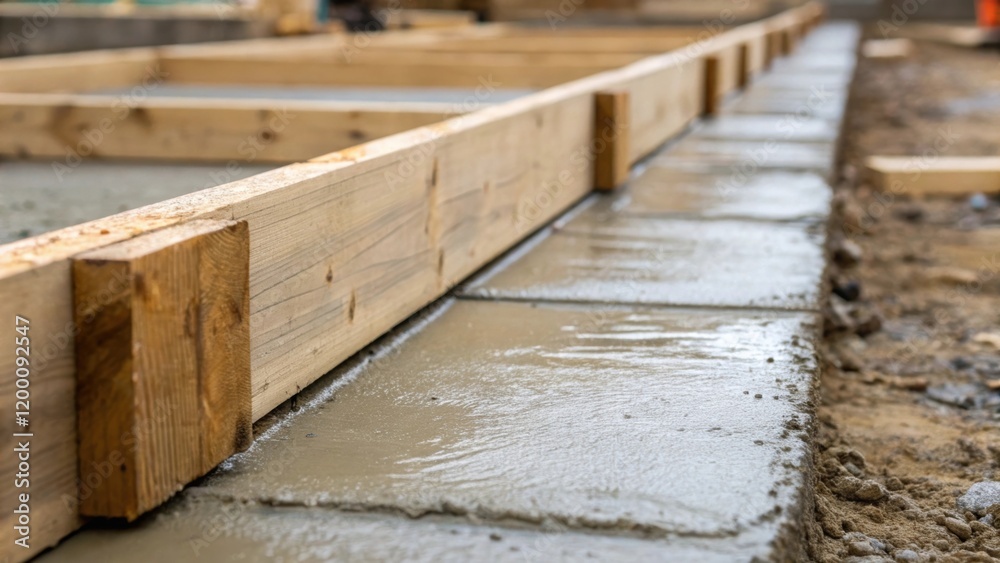 Poster Closeup shot of wooden forms being leveled to maintain an even foundation surface with one side already poured capturing the contrast between the wet concrete and raw wood.