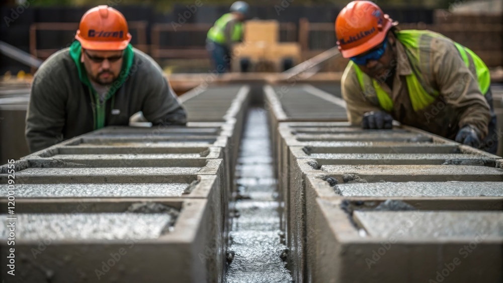Poster crews pouring concrete laborers pouring concrete into molds for the precast elements highlighting th