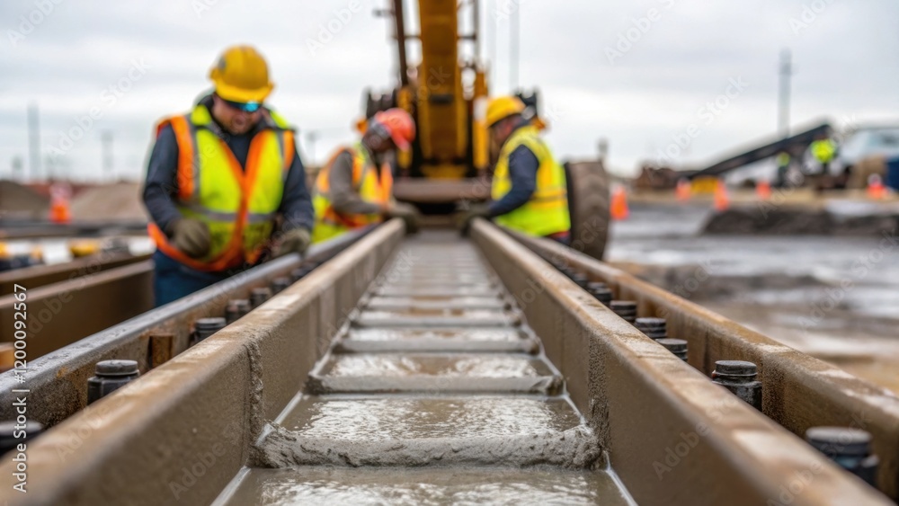 Poster Concrete Supports Installation A closeup of workers pouring concrete into molds designed to hold the pipeline supports capturing the construction phase in progress.