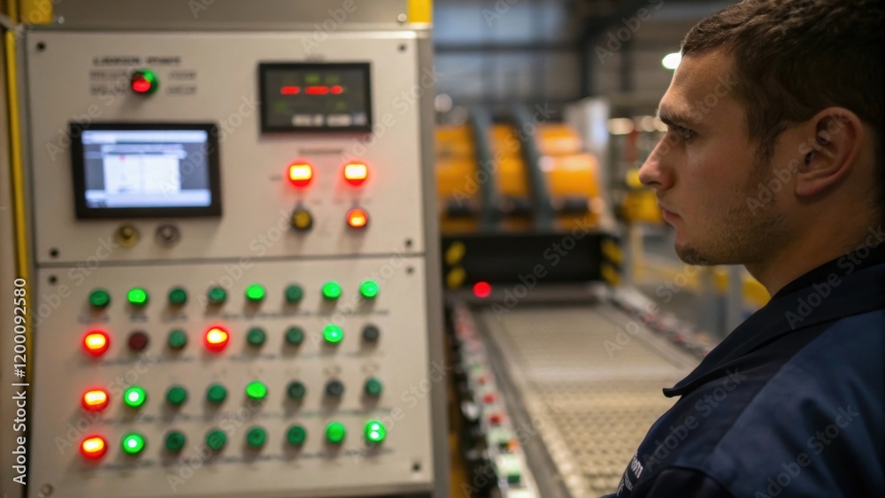 Poster control panel a technician closely examines a control panel adorned with glowing indicators their ex