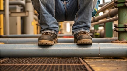 Closeup view of a workers knee resting on a maintenance platform emphasizing worn jeans and sy boots as they kneel to insulate a lower pipe section.