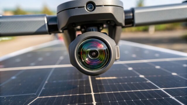 Closeup view of a drones camera lens aimed at a solar panel array showcasing the vibrant reflections and minute surface imperfections that indicate maintenance needs.