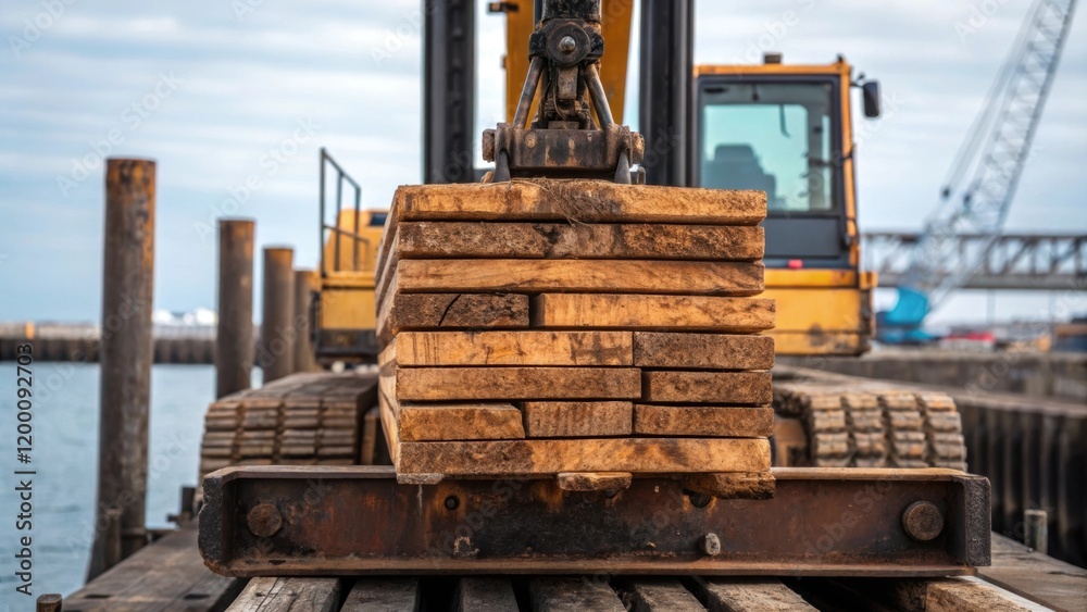 Poster detailed shot of loading a pile onto the pile driver platform showcasing the rugged textures of the 