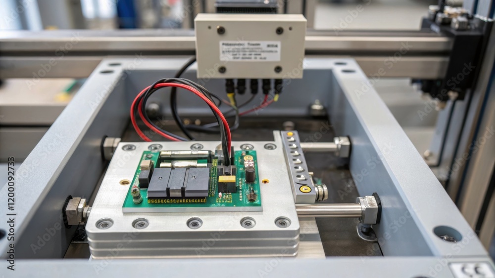 Poster Detailed view of an electronic load cell embedded within a weighing system showcasing its intricate design and the hightech wiring connected to the control unit.