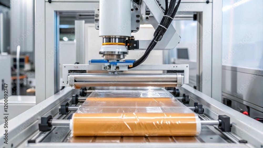 Poster Detailed view of a robotic packaging system exeing heat sealing with glistening film and efficient temperature control mechanisms in action.