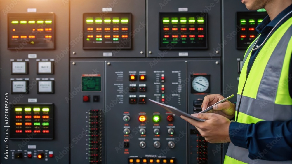 Aufkleber Detailed view of the control panel of an energy recovery system featuring illuminated LED displays and dials with a technician monitoring the setup.