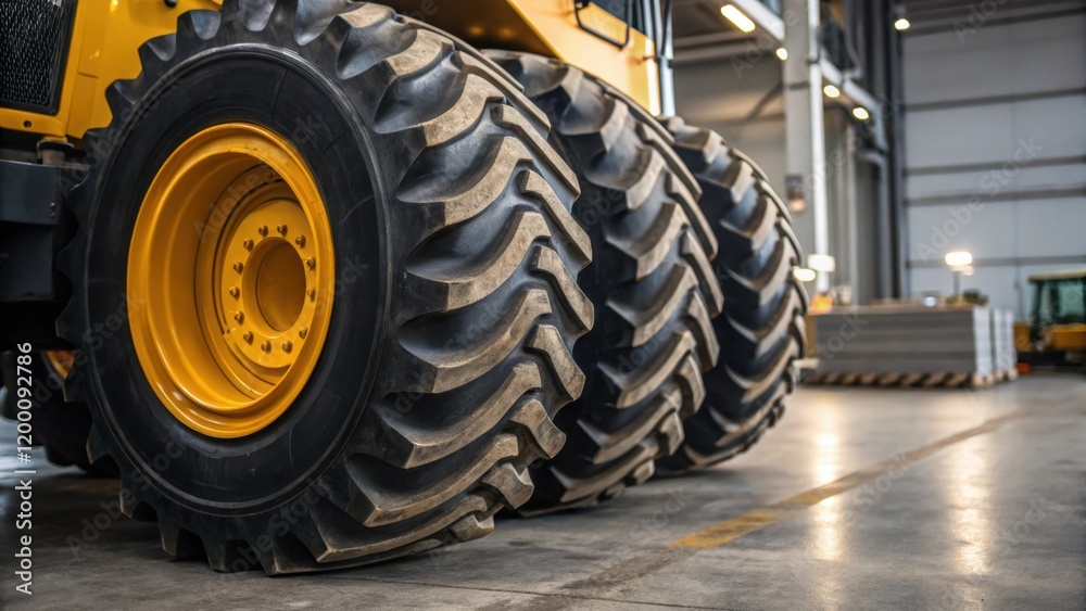 Poster Detailed view of oversized wheels and treads of a tractor displaying deep grooves designed for optimal traction on various terrains set against a backdrop of metallic factory