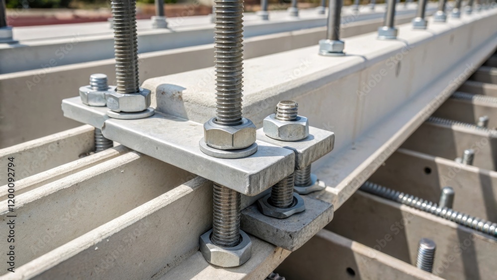 Poster Detail of Precast Connections A closeup focusing on the intricate connections between prefabricated concrete elements showcasing bolts and joints that ensure stability.