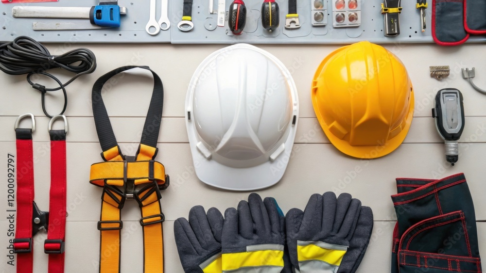 Poster detailed view of safety gear hard hats gloves and harnesses neatly arranged on a workbench emphasizi