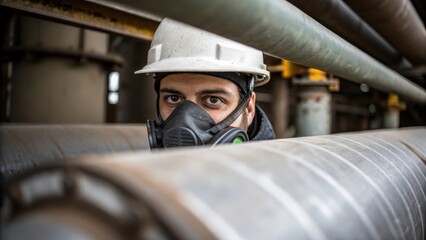 Fototapeta premium Detailed view of a workers face partially obscured by a mask as they carefully adjust the insulations alignment on an industrial pipe.