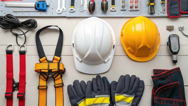 Detailed view of safety gear hard hats gloves and harnesses neatly arranged on a workbench emphasizing the importance of safety in electrical installations.