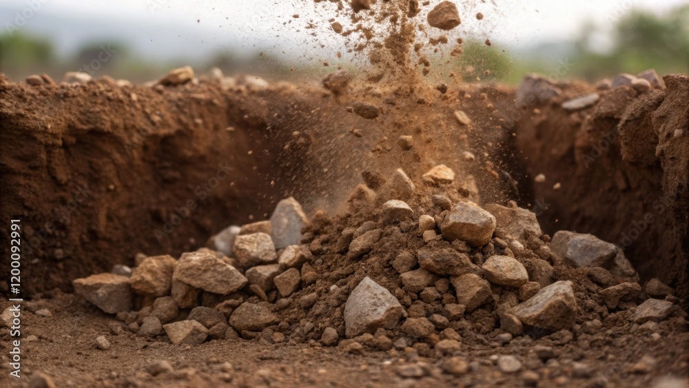 Poster In a medium closeup soil and rocks ter around as a pile is driven into the earth the force depicted in the movement of the materials and the pile sinking into the foundation.