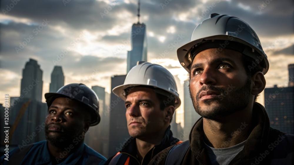 Poster Medium closeup capturing the shadowed faces of workers against the skyline each embodying concentration as they navigate their lofty task.