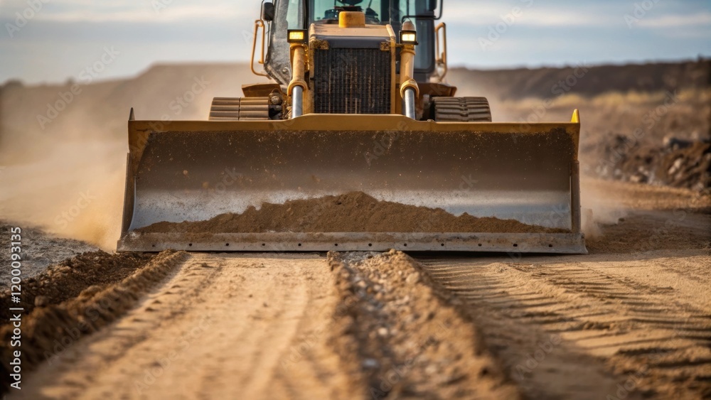Poster medium closeup of a bulldozer pushing earth its powerful blade creating a spray of dirt and gravel a