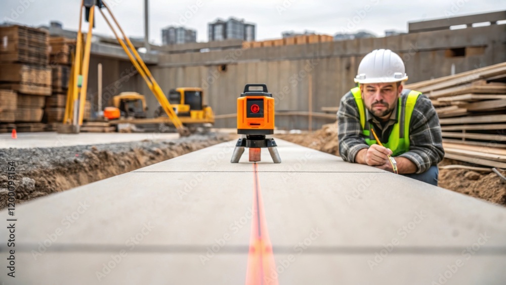 Aufkleber medium closeup image of a construction worker using a laser level on a newly laid foundation surroun