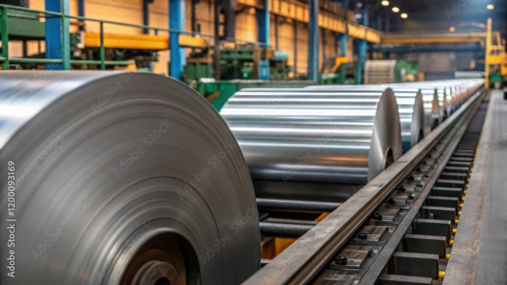 Poster medium closeup of a conveyor belt moving steel coils with dynamic motion blur and background machine