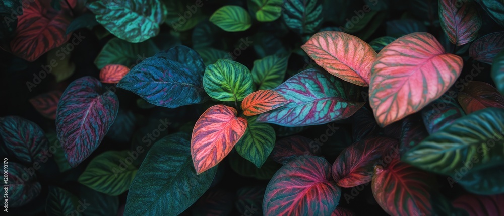 Poster intricate leaves display vibrant colors and complex vein patterns in a lush environment